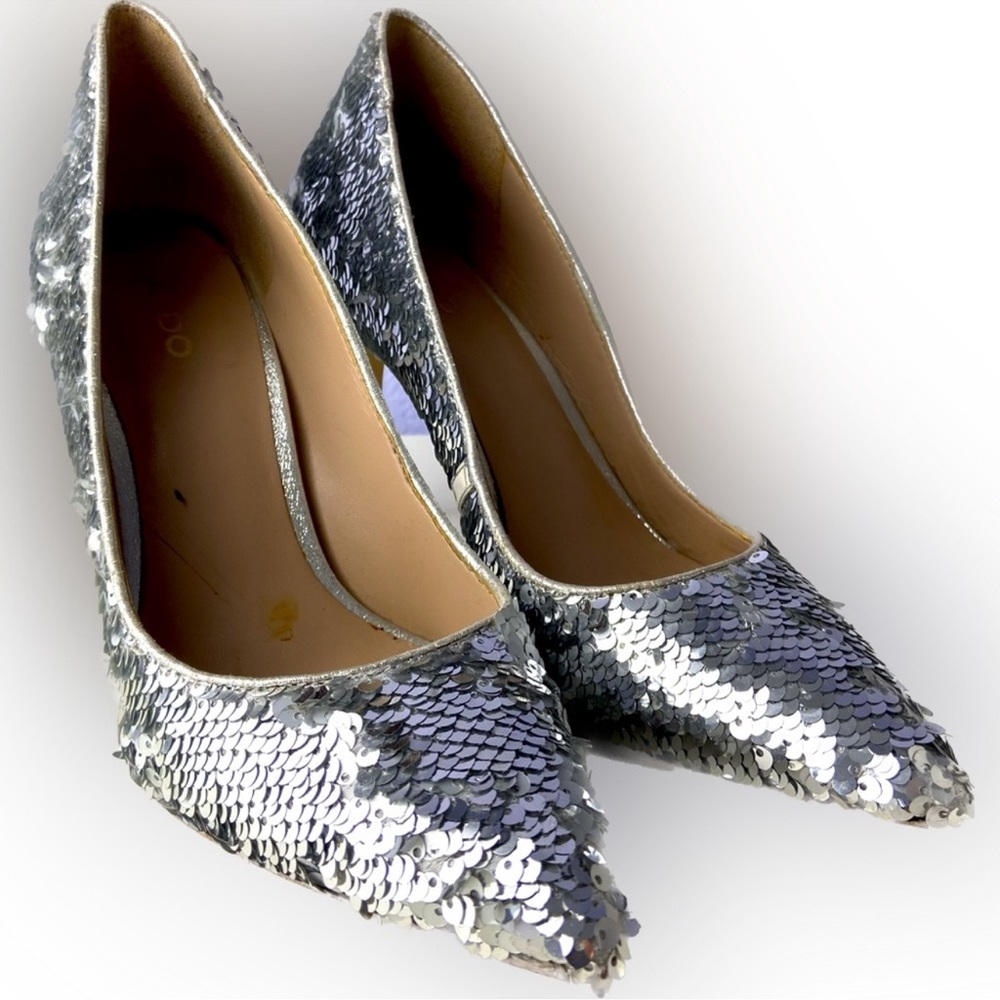 ALDO Sequins spike heels silver chrome pumps slides